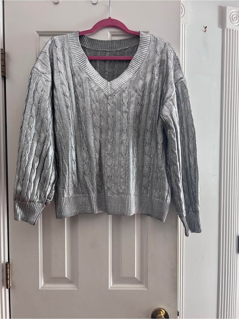 Metallic Silver V-Neck Cable Knit Sweater